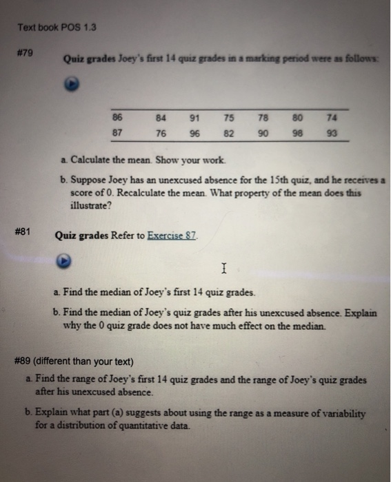 Solved Text book POS 1.3 79 Quiz grades Joey's first 14