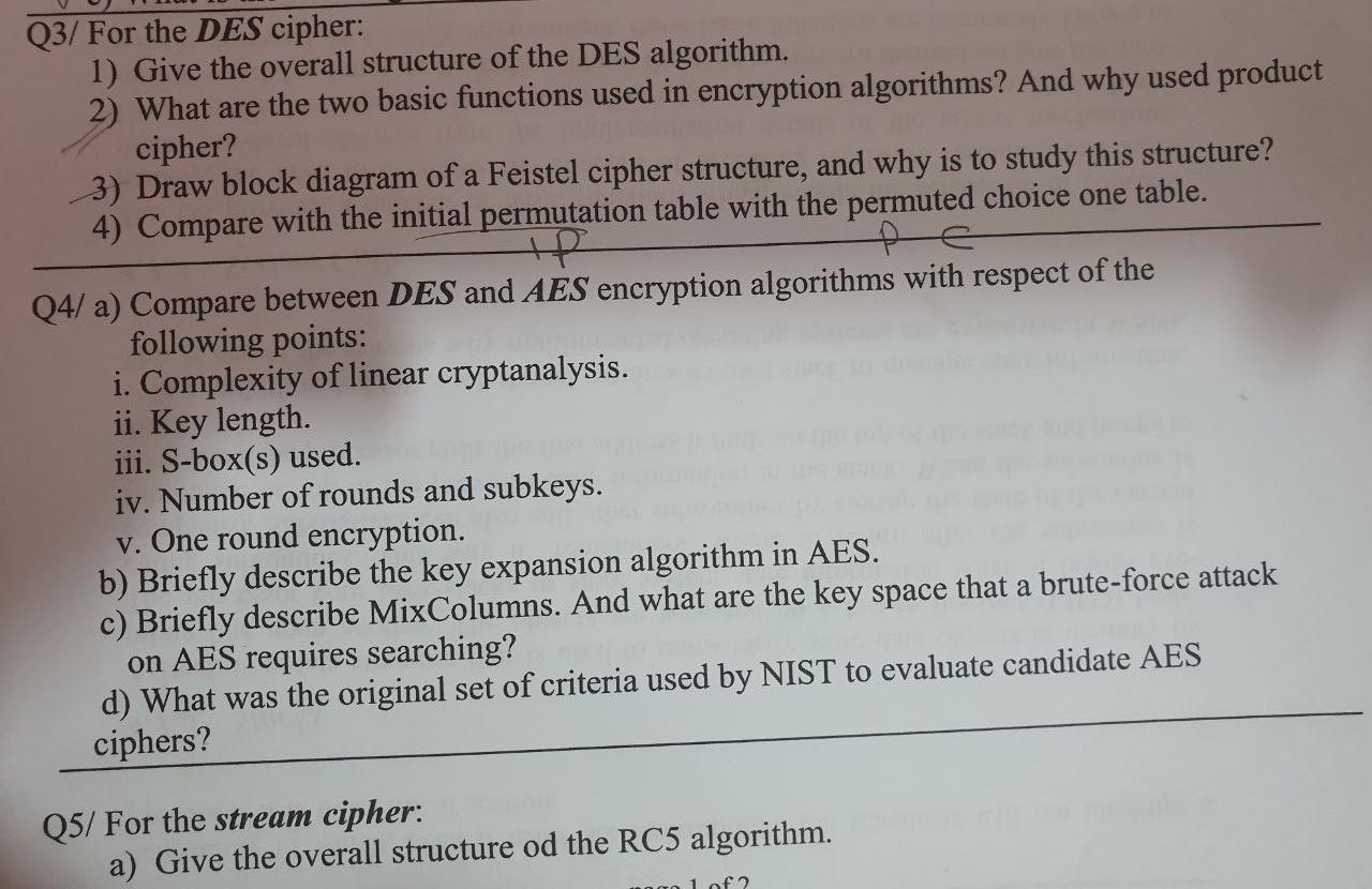 Solved Q3/ For the DES cipher: 1) Give the overall structure | Chegg.com