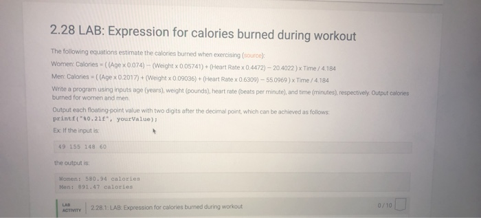 2.27 lab expression for calories burned during workout c