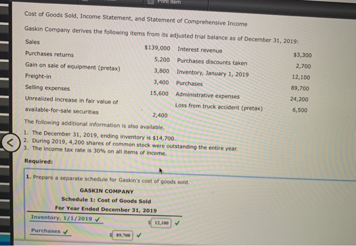 Solved Item Cost Of Goods Sold Income Statement And 0696