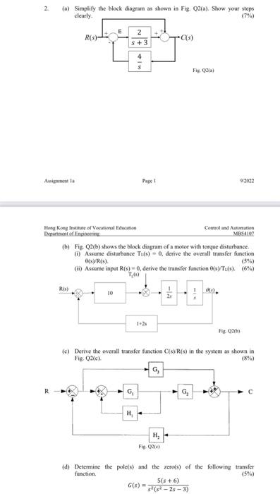 Solved 2. (a) Simplify the block diagram as shown in Fig. | Chegg.com