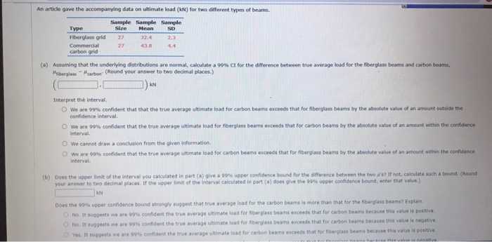 Solved An article gave the accompanying data on ultimate | Chegg.com