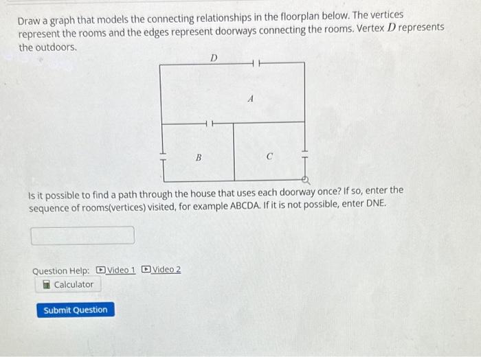 Draw a graph that models the connecting relationships in the floorplan below. The vertices represent the rooms and the edges 