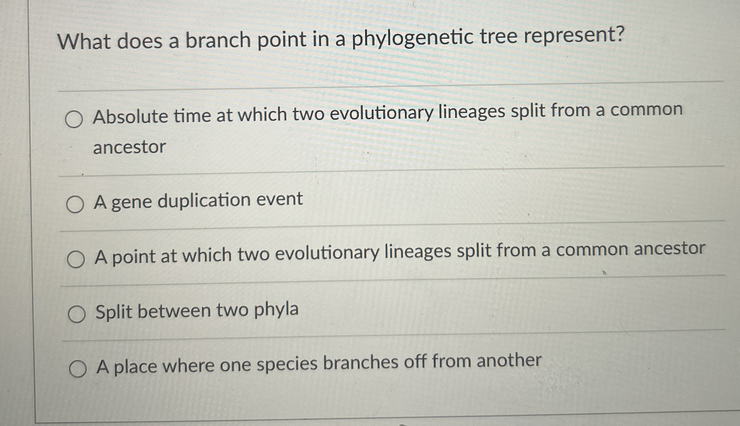 Solved What does a branch point in a phylogenetic tree | Chegg.com