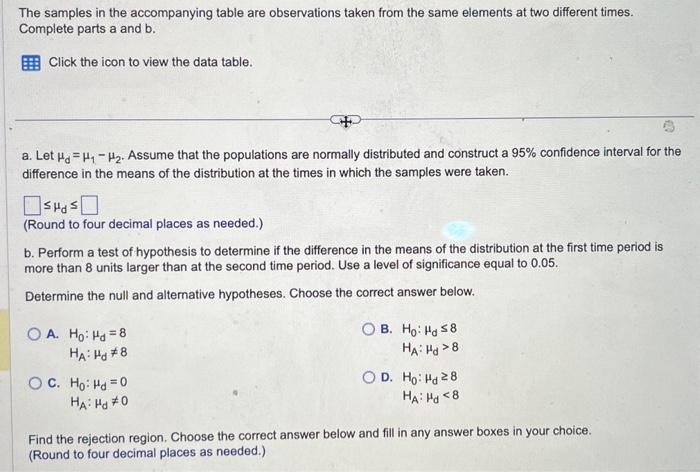 Solved The samples in the accompanying table are Chegg