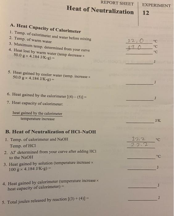 Solved REPORT SHEET Heat of Neutralization EXPERIMENT 12 A.