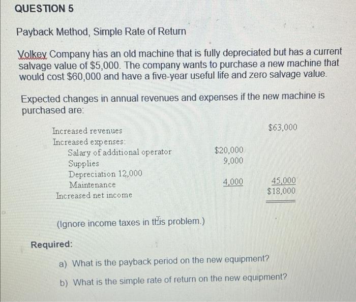 Solved QUESTION 5 Payback Method, Simple Rate of Return | Chegg.com