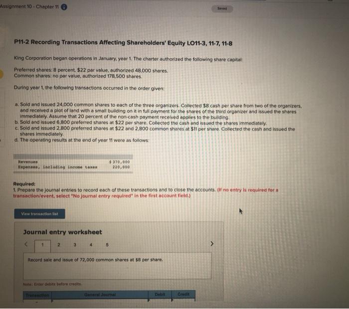 Solved Assignment 10 - Chapter 11 Seved P11-2 Recording | Chegg.com
