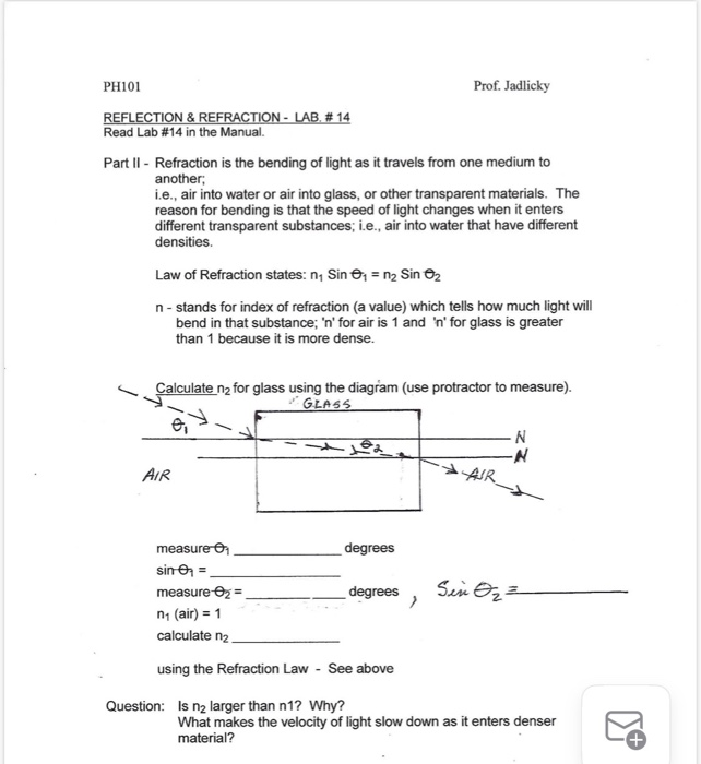 Solved REFLECTION & REFRACTION LAB. 14 Read Lab 14 in
