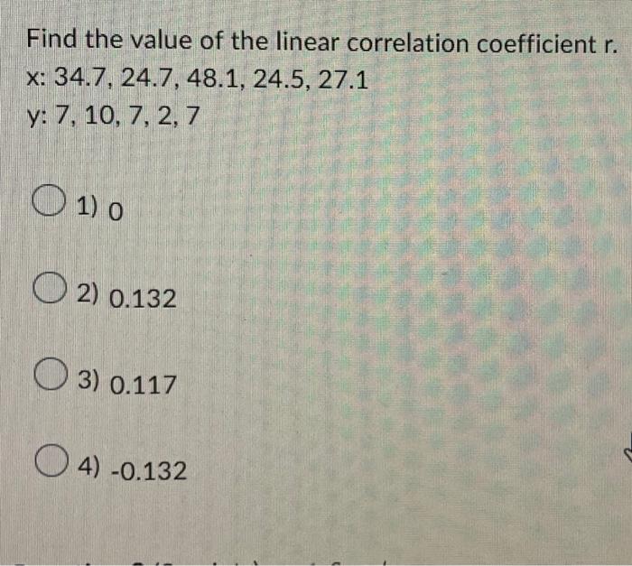 Solved Find the value of the linear correlation coefficient | Chegg.com