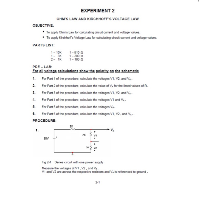 Solved EXPERIMENT 2 OHM'S LAW AND KIRCHHOFF'S VOLTAGE LAW | Chegg.com