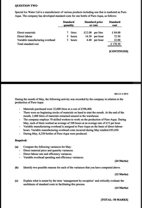 Solved QUESTION TWO Special Ice Water Ltd is a manufacturer | Chegg.com