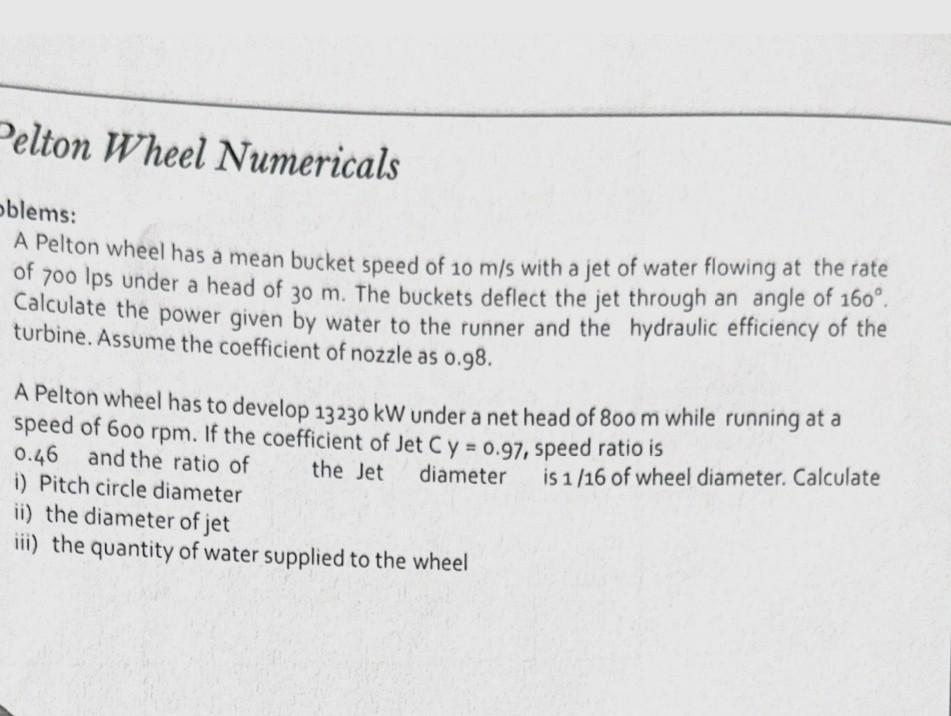 Solved blems A Pelton wheel has a mean bucket speed of 10
