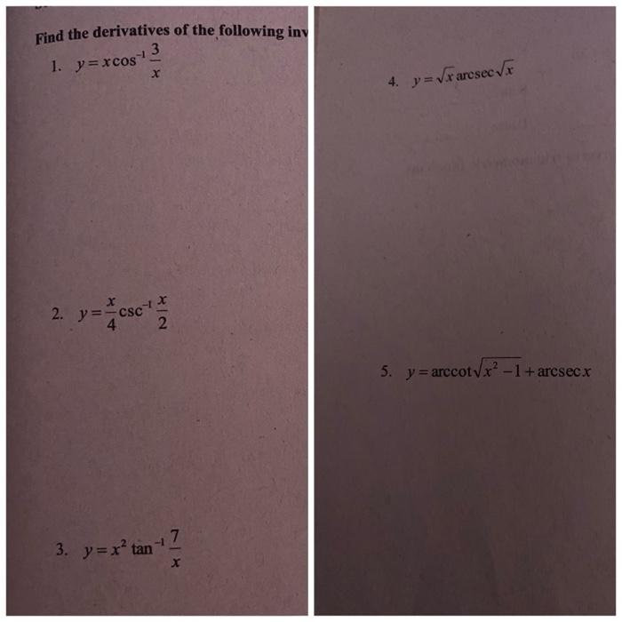 3.5 derivatives of inverse trigonometric functions homework