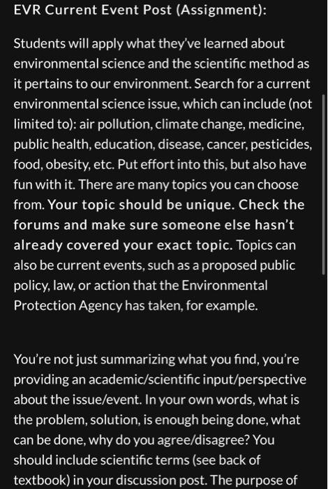 Solved EVR Current Event Post (Assignment): Students will | Chegg.com