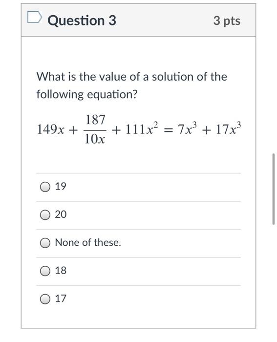 Solved Question 3 3 pts What is the value of a solution of | Chegg.com