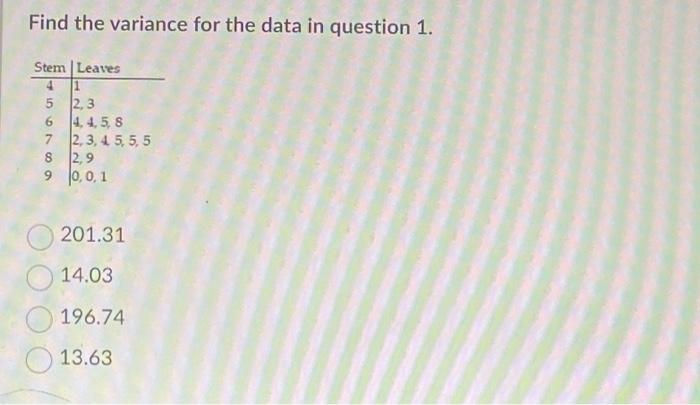 Solved Find The Variance For The Data In Question 1. Stem | Chegg.com