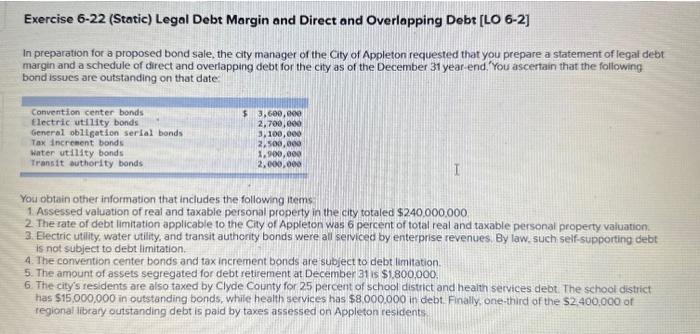 Solved Exercise 6-22 (Static) Legal Debt Margin and Direct | Chegg.com