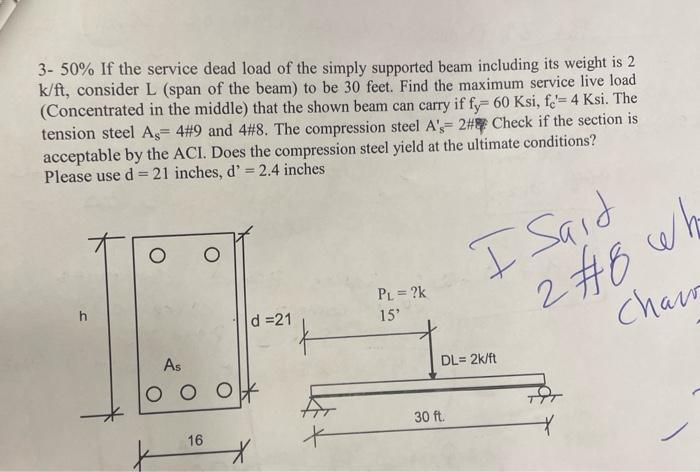 Solved 3- 50% If the service dead load of the simply | Chegg.com