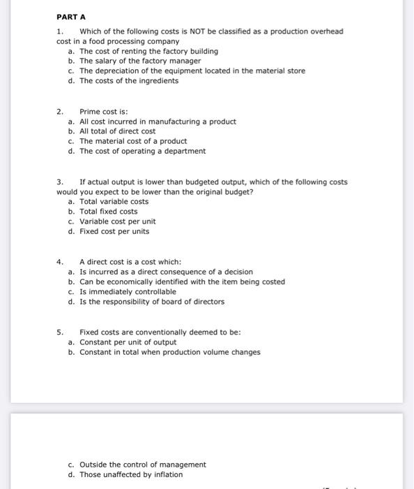 Solved PARTA 1. Which of the following costs is NOT be