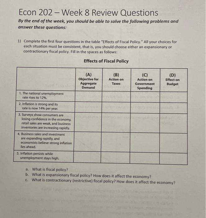 Solved - Econ 202 - Week 8 Review Questions By the end of | Chegg.com