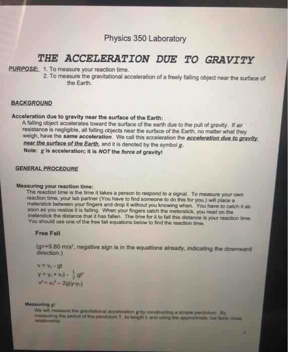 Solved Physics 350 Laboratory THE ACCELERATION DUE TO | Chegg.com