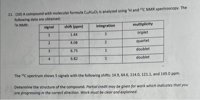 Solved 11. (10) A compound with molecular formula C10H14O2 | Chegg.com