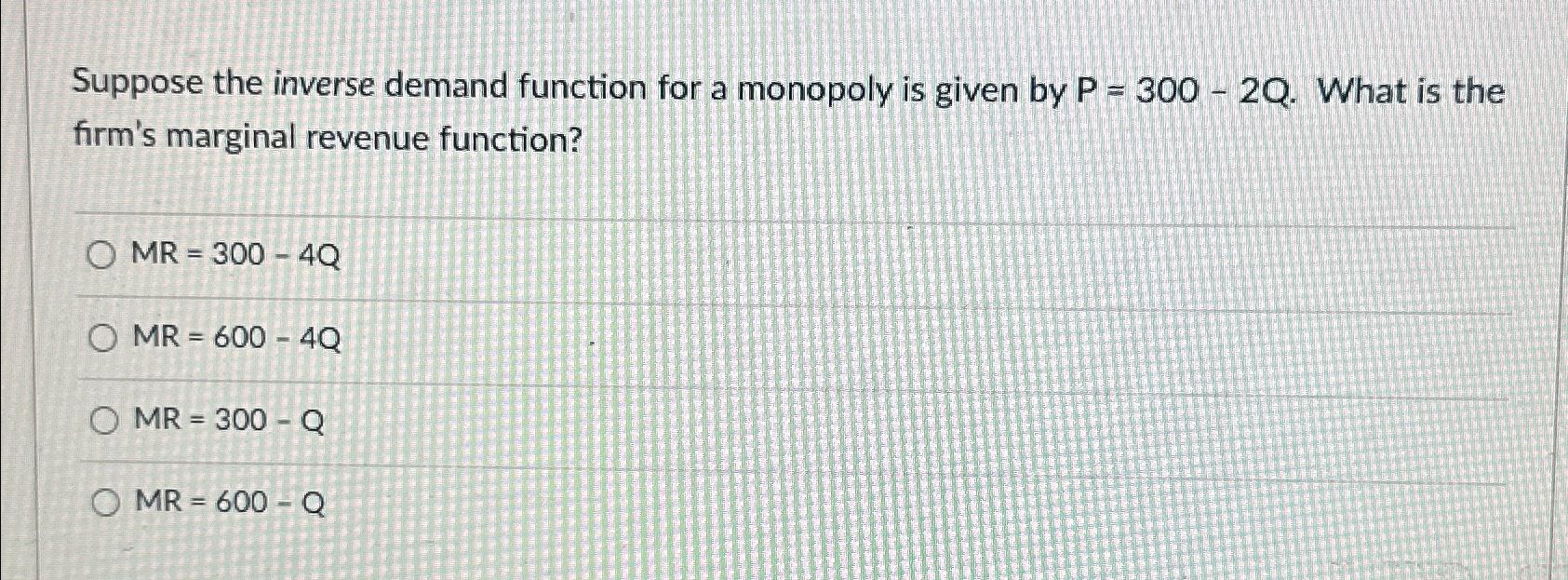Solved Suppose the inverse demand function for a monopoly is
