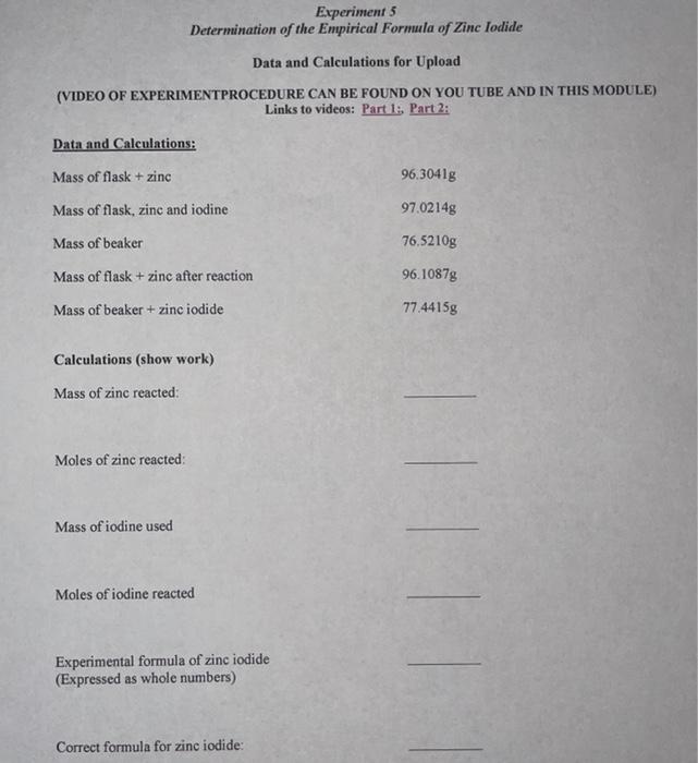Solved Experiment 5 Determination of the Empirical Formula