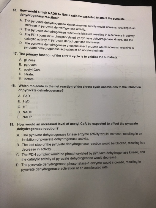 Solved 16. How Would A High Nadh To Nad+ Ratio Be Expected 