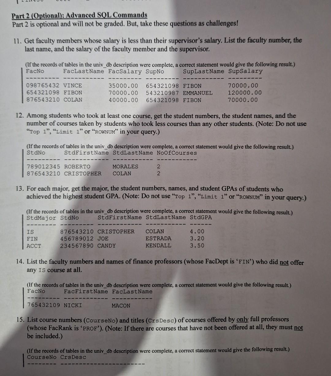 Solved Part 2 (Optional): Advanced SQL Commands Part 2 is | Chegg.com
