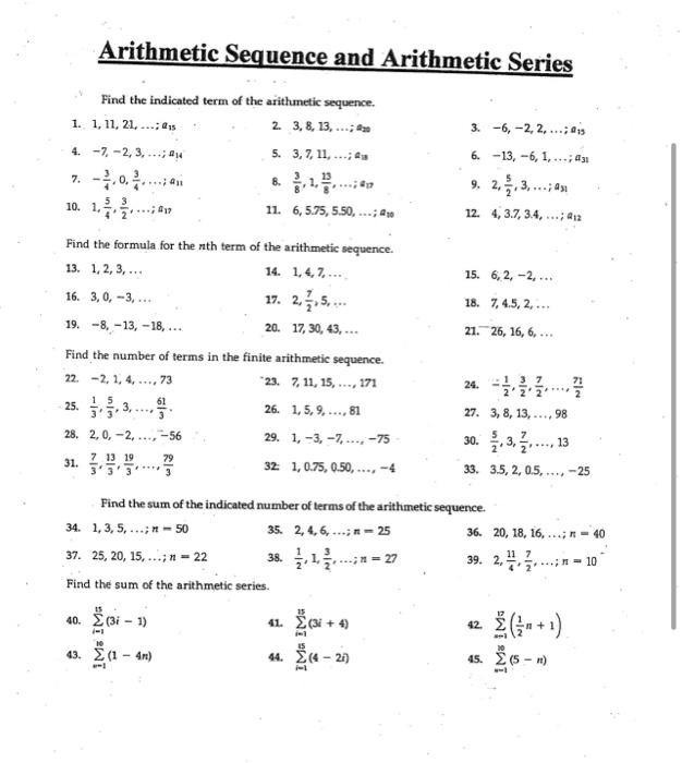 Solved Arithmetic Sequence And Arithmetic Series Find The Chegg Com