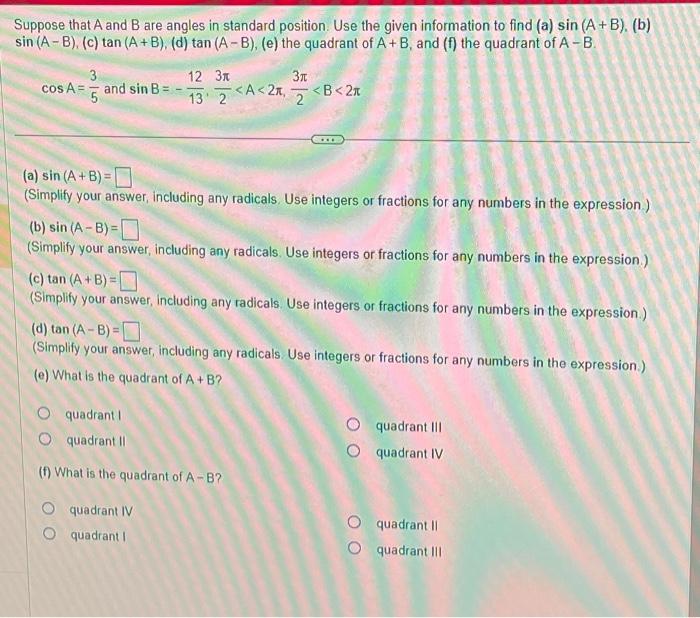 Solved Suppose That A And B Are Angles In Standard Position. | Chegg.com