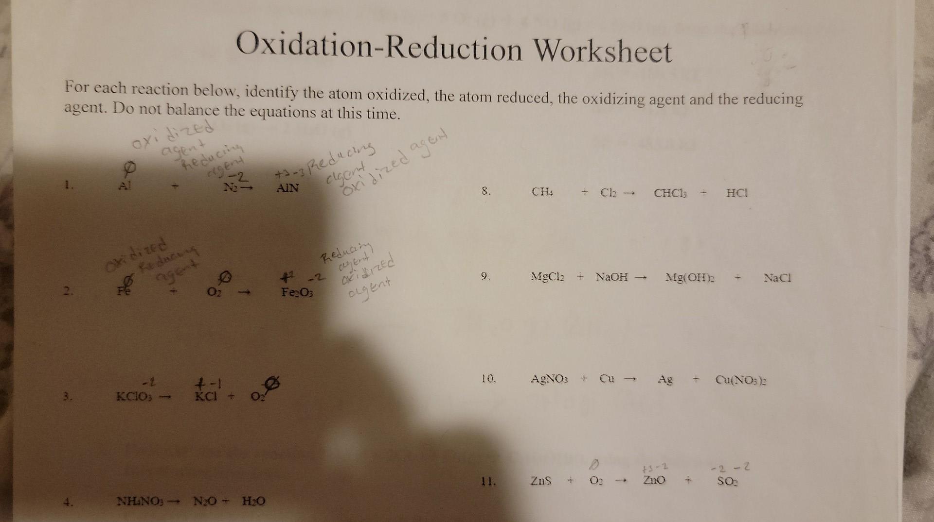 Solved Oxidation-Reduction Worksheet For each reaction | Chegg.com