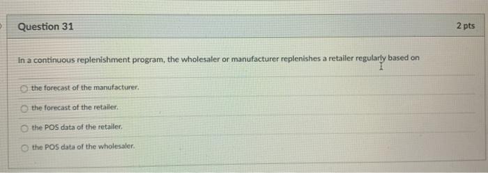 Solved Question 31 2 pts In a continuous replenishment | Chegg.com
