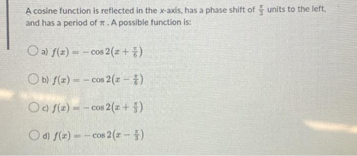 Solved A cosine function is reflected in the x-axis, has a | Chegg.com