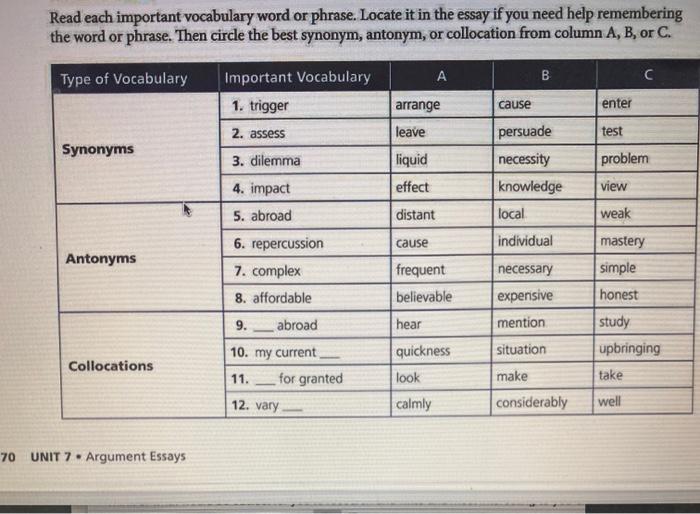 Read Each Important Vocabulary Word Or Phrase Locate Chegg Com