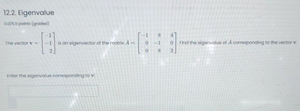 Solved 12.2. Eigenvalue 0.0/5.0 points (graded) -1 8 4 -1 0 | Chegg.com