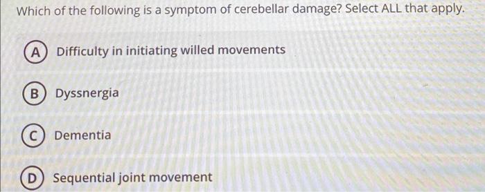 Solved Which of the following is a symptom of cerebellar | Chegg.com