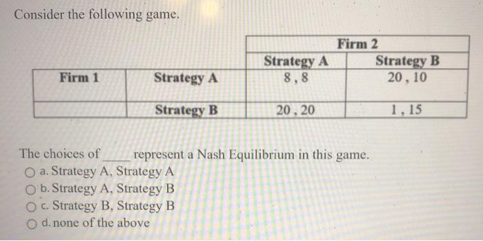 Solved Consider The Following Game. Strategy A 8,8 Firm 2 | Chegg.com