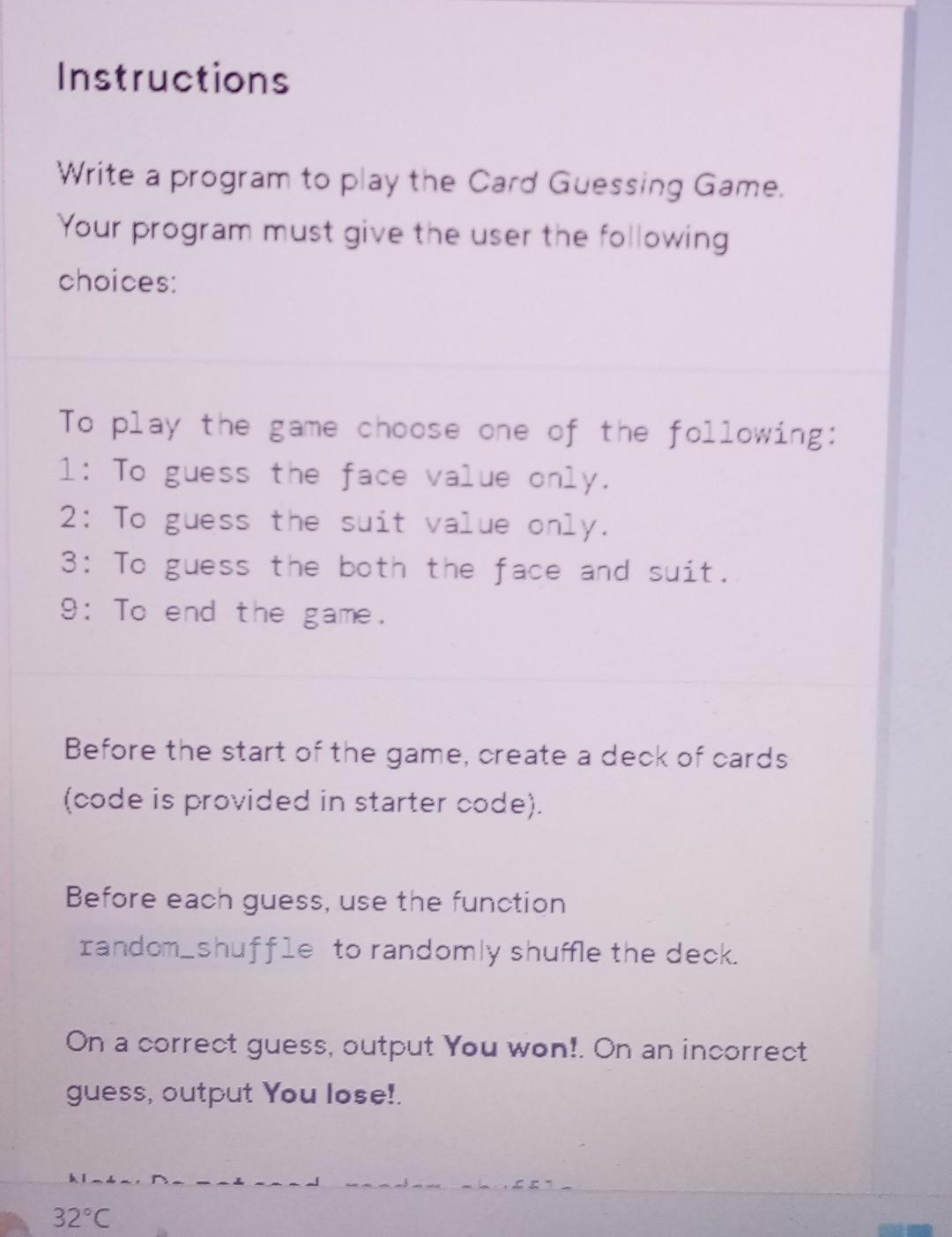 Solved Instructions Write a program to play the Card | Chegg.com