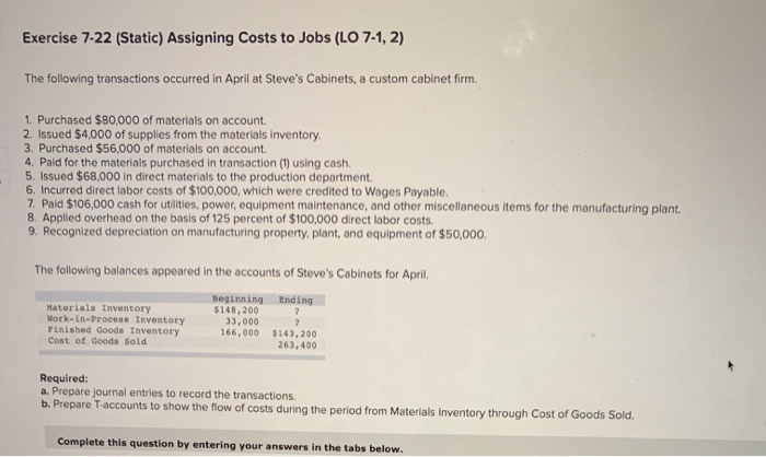 Solved Exercise 7-22 (Static) Assigning Costs to Jobs (LO | Chegg.com