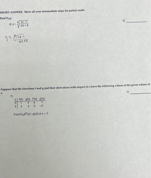 Solved SHORT ANSWER. Show all your intermediate steps for | Chegg.com