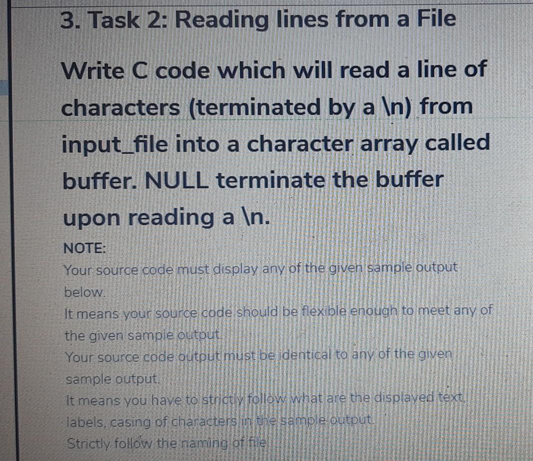 Solved 3. Task 2: Reading lines from a File Write C code | Chegg.com