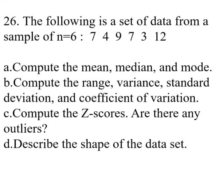 Solved 26. The following is a set of data from a sample of | Chegg.com