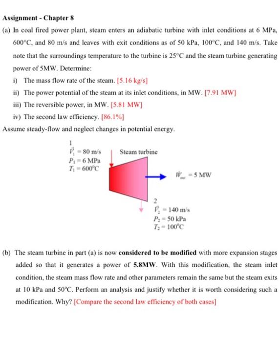 Solved Assignment - Chapter 8 (a) In Coal Fired Power Plant, | Chegg.com