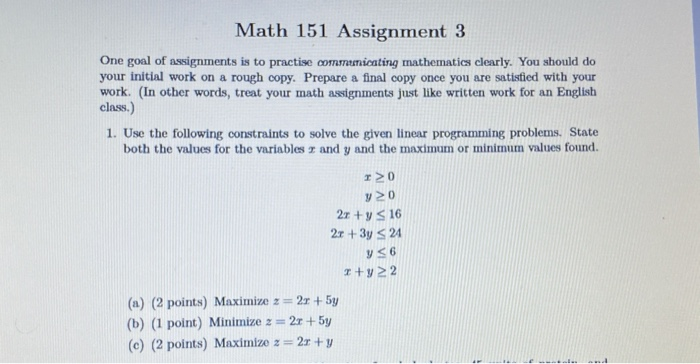 Math Assignment Examples Solve Solved Math 151 Assignment 3 One goal of assignments is to | Chegg.com