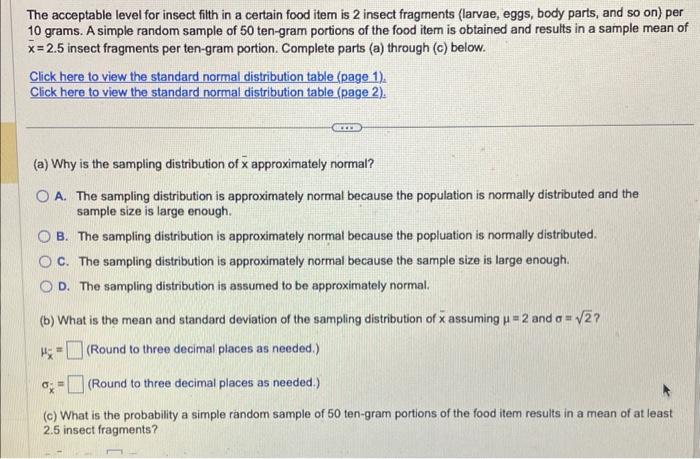 Solved The acceptable level for insect filth in a certain | Chegg.com