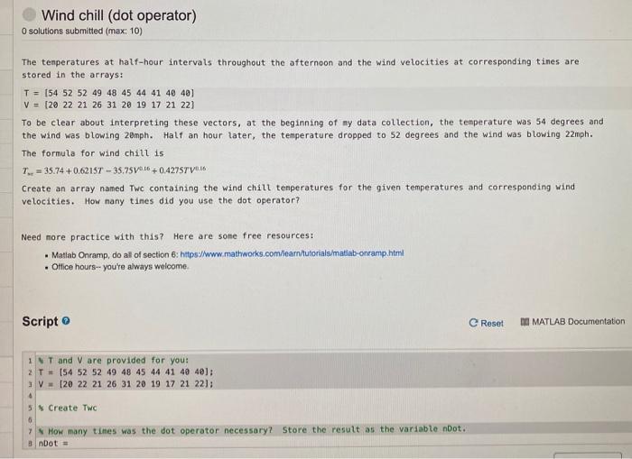 Solved Wind chill (dot operator) O solutions submitted (max