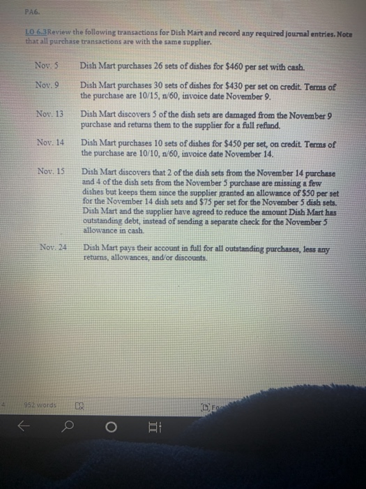 Solved PA6. LO 6.3 Review the following transactions for Solved PA6. LO 6.3 Review the following transactions for